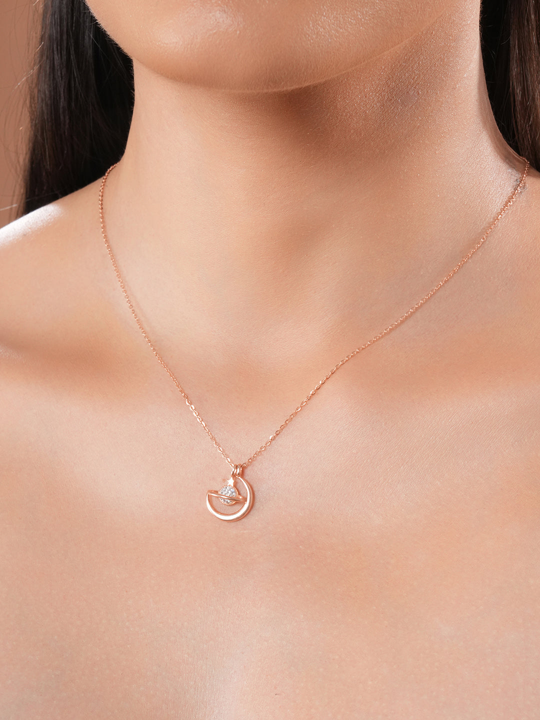 925 Sterling Silver Rose Gold  Plated CZ Studded Minimal Orbit Pendant Necklace & Chain